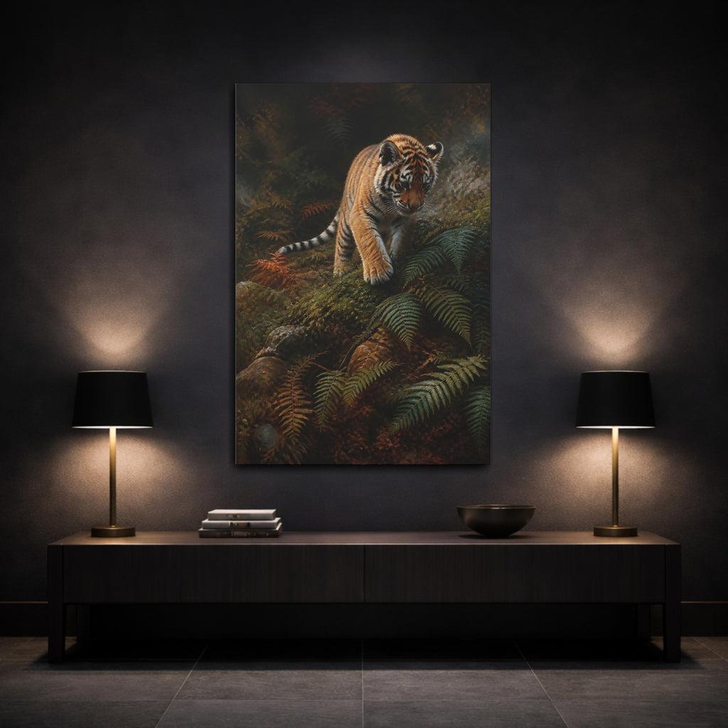 Mockup 3. Animals Tiger Cub Orange And Green shown as stretched canvas wall art