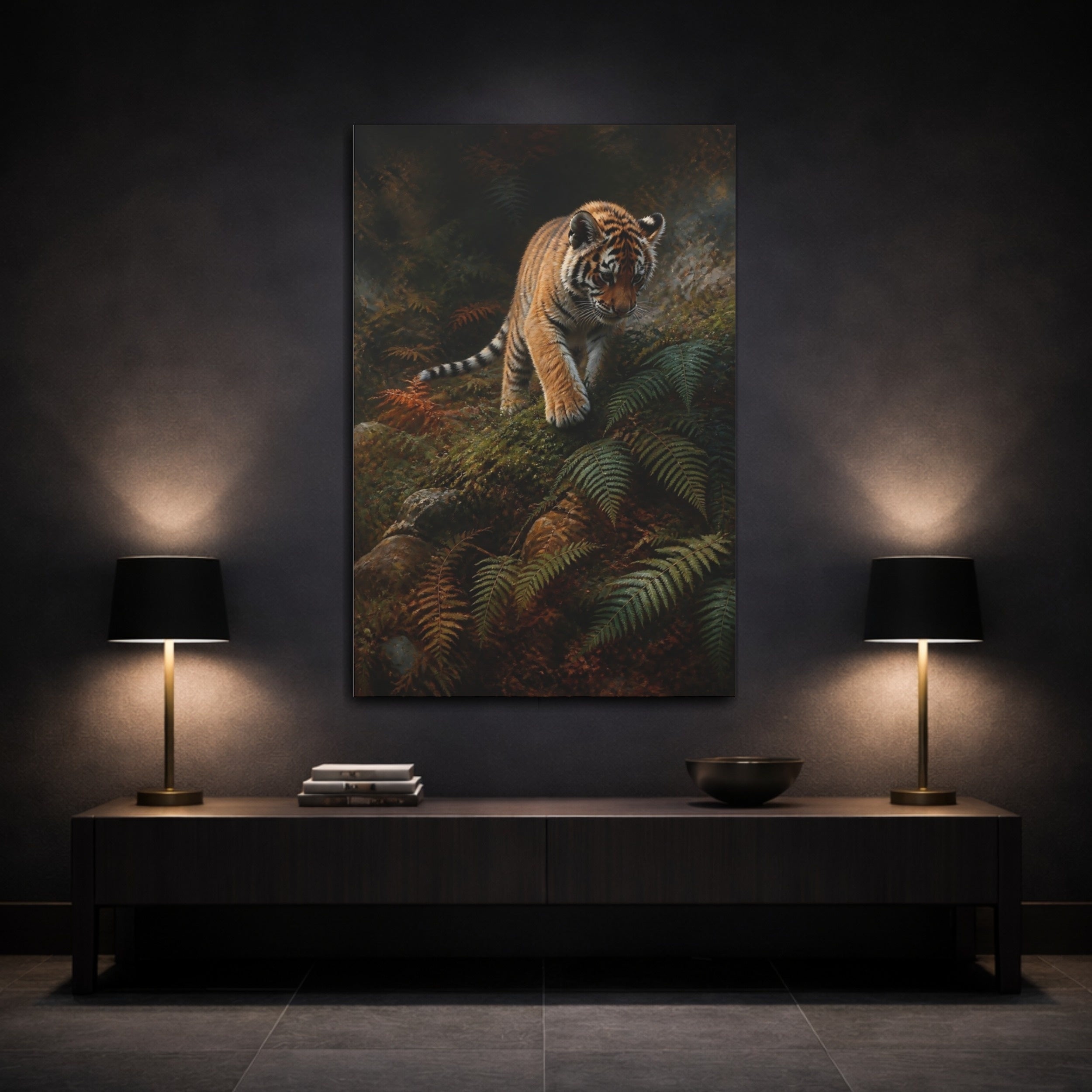 Mockup 3. Animals Tiger Cub Orange And Green shown as stretched canvas wall art