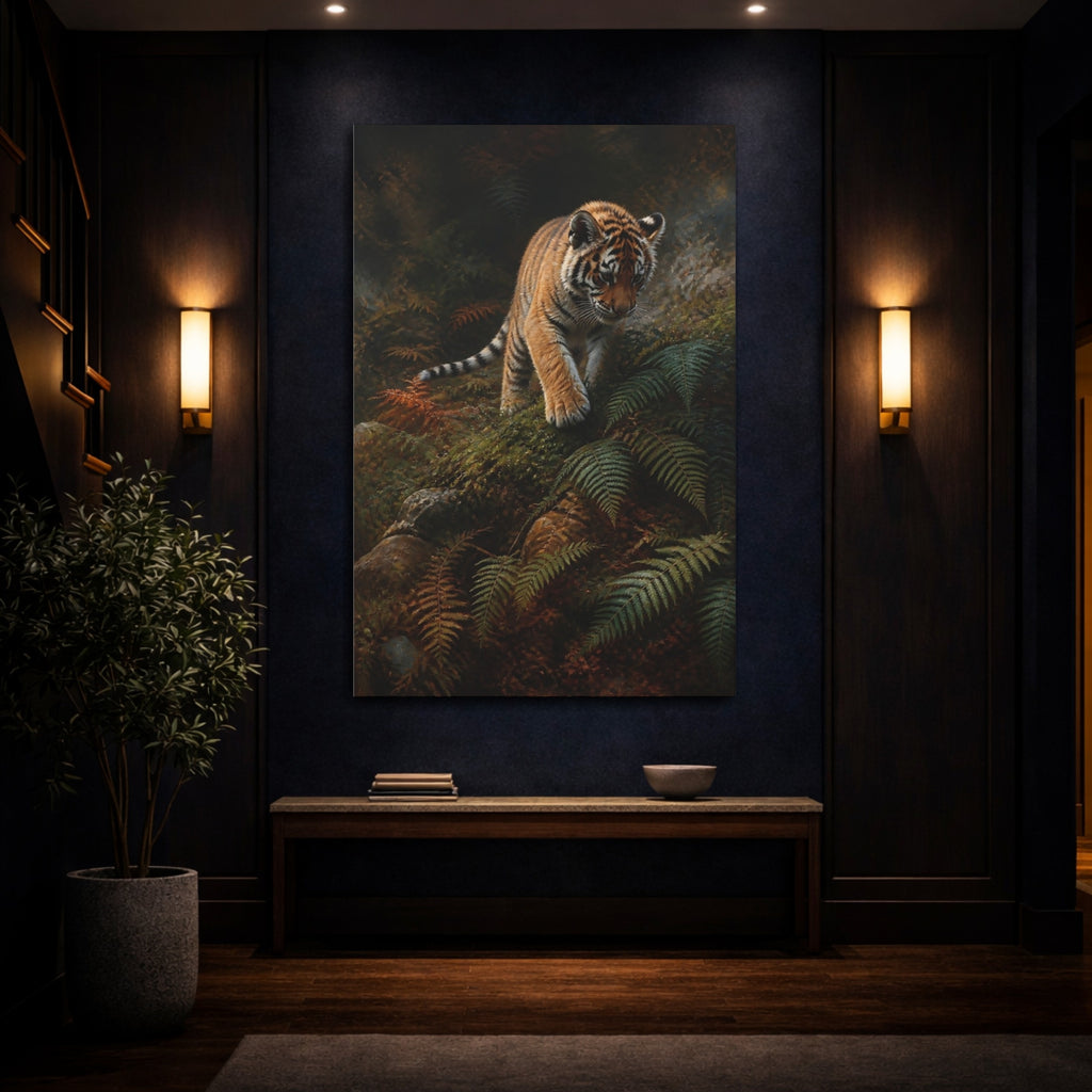Mockup 4. Animals Tiger Cub Orange And Green shown as stretched canvas wall art