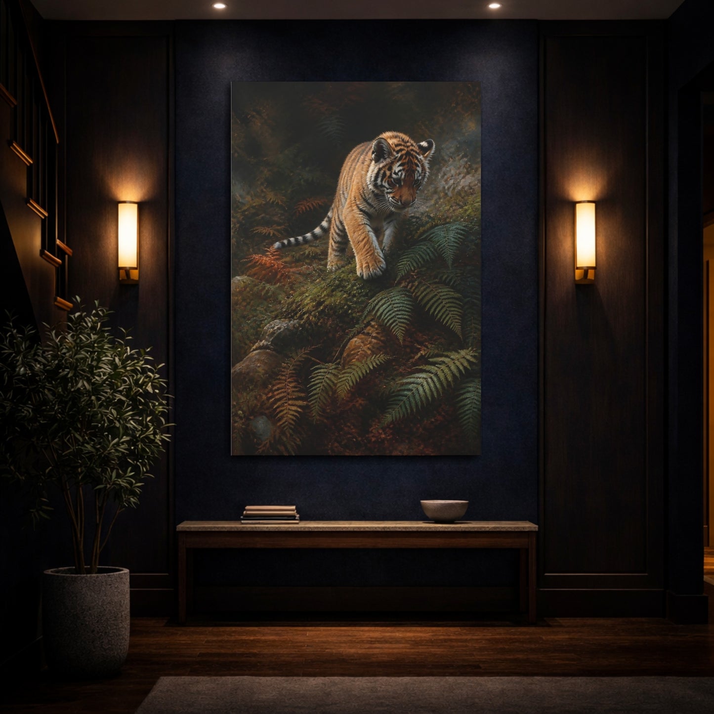 Mockup 4. Animals Tiger Cub Orange And Green shown as stretched canvas wall art