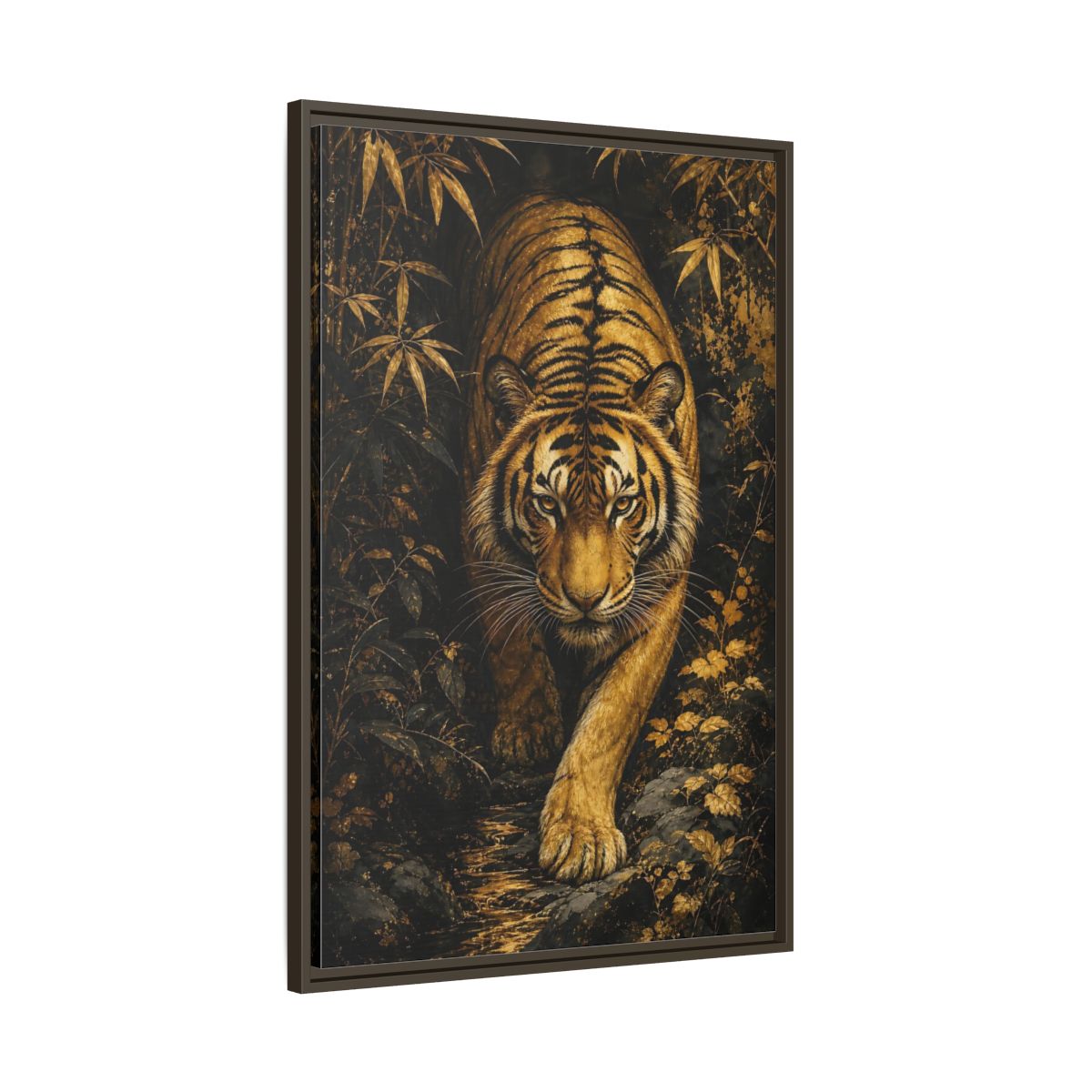 Main Mockup. Animals Tiger Gold And Black shown as stretched canvas wall art