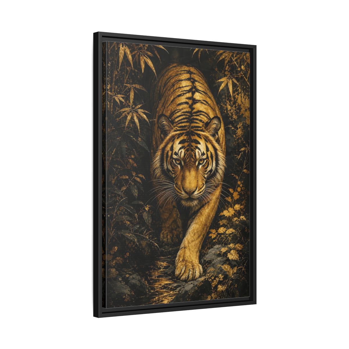 Side Mockup 14. Animals Tiger Gold And Black shown as stretched canvas wall art