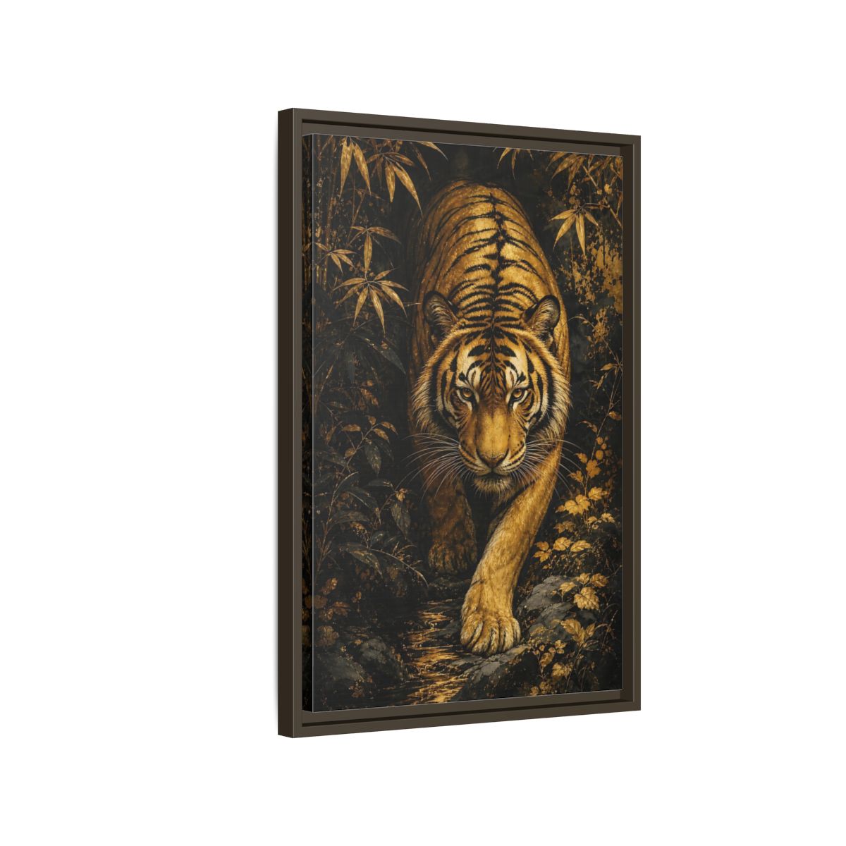 Side Mockup 2. Animals Tiger Gold And Black shown as stretched canvas wall art