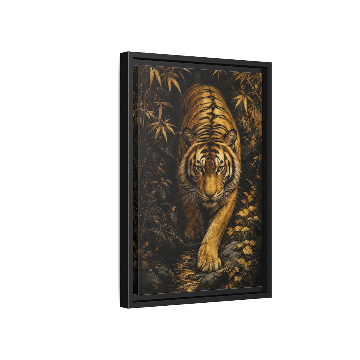 Side Mockup 6. Animals Tiger Gold And Black shown as stretched canvas wall art