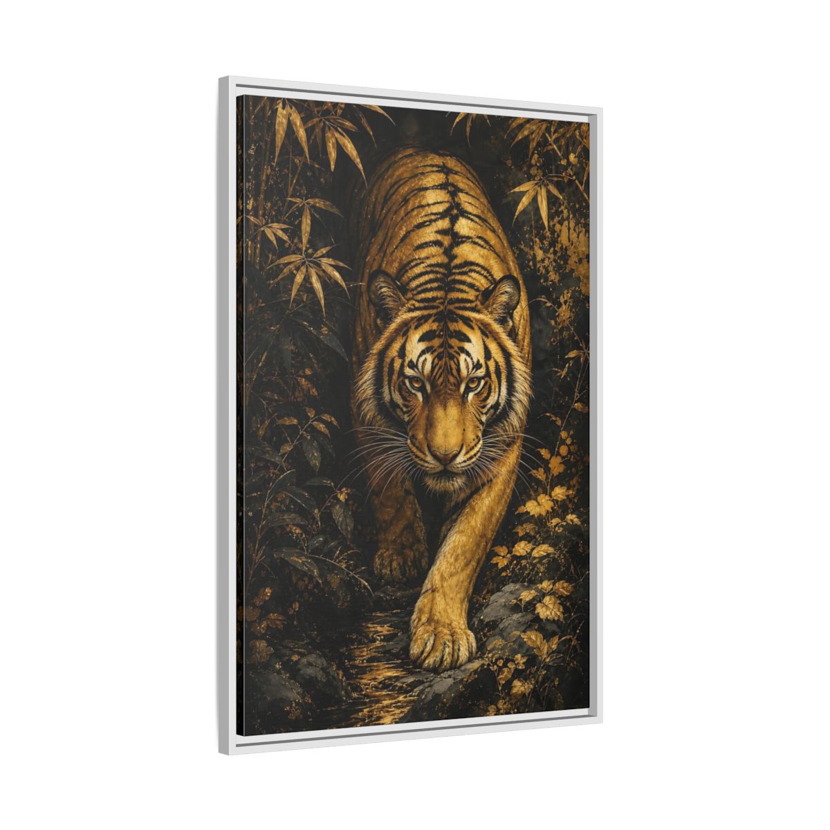 Side Mockup 9. Animals Tiger Gold And Black shown as stretched canvas wall art
