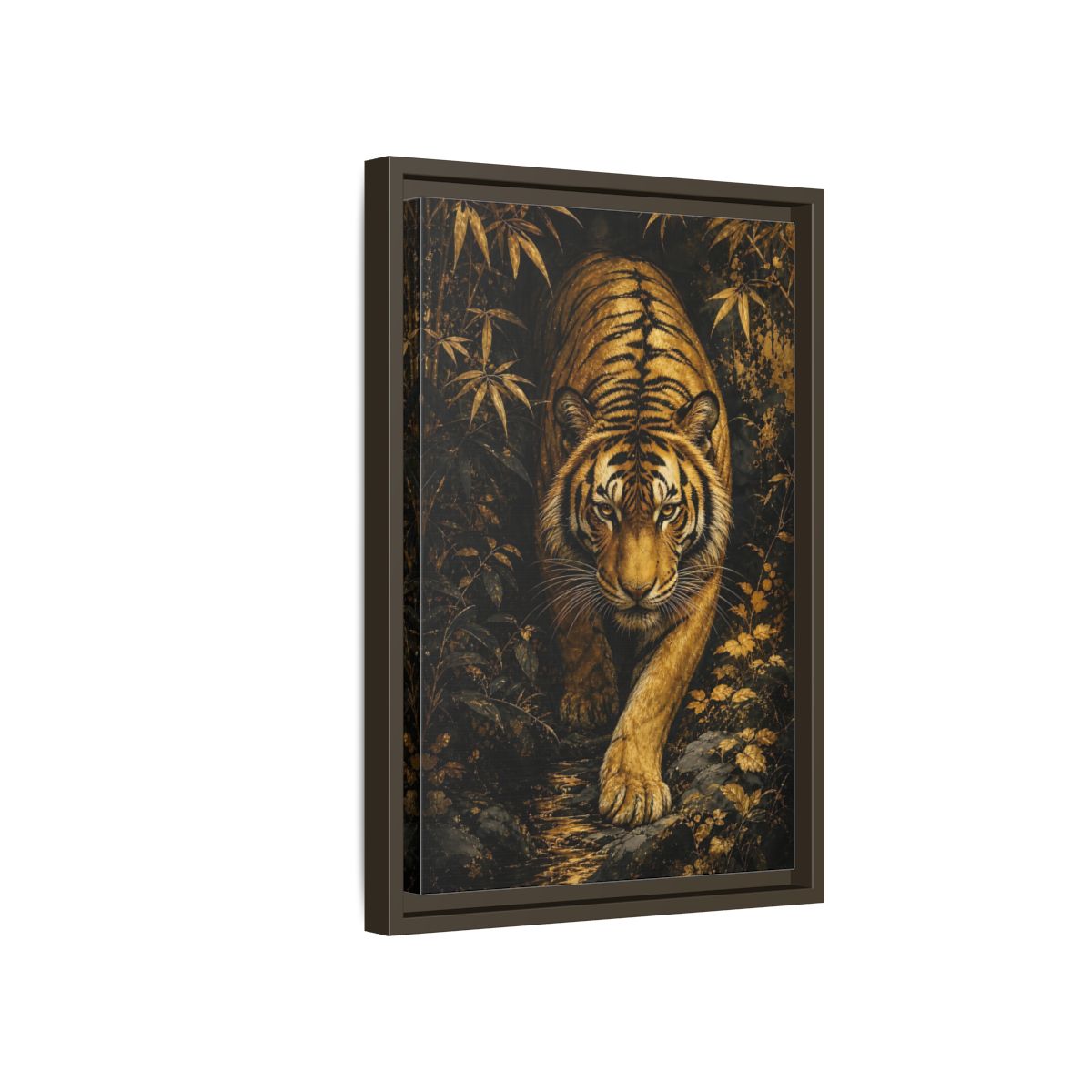 Side Mockup 5. Animals Tiger Gold And Black shown as stretched canvas wall art