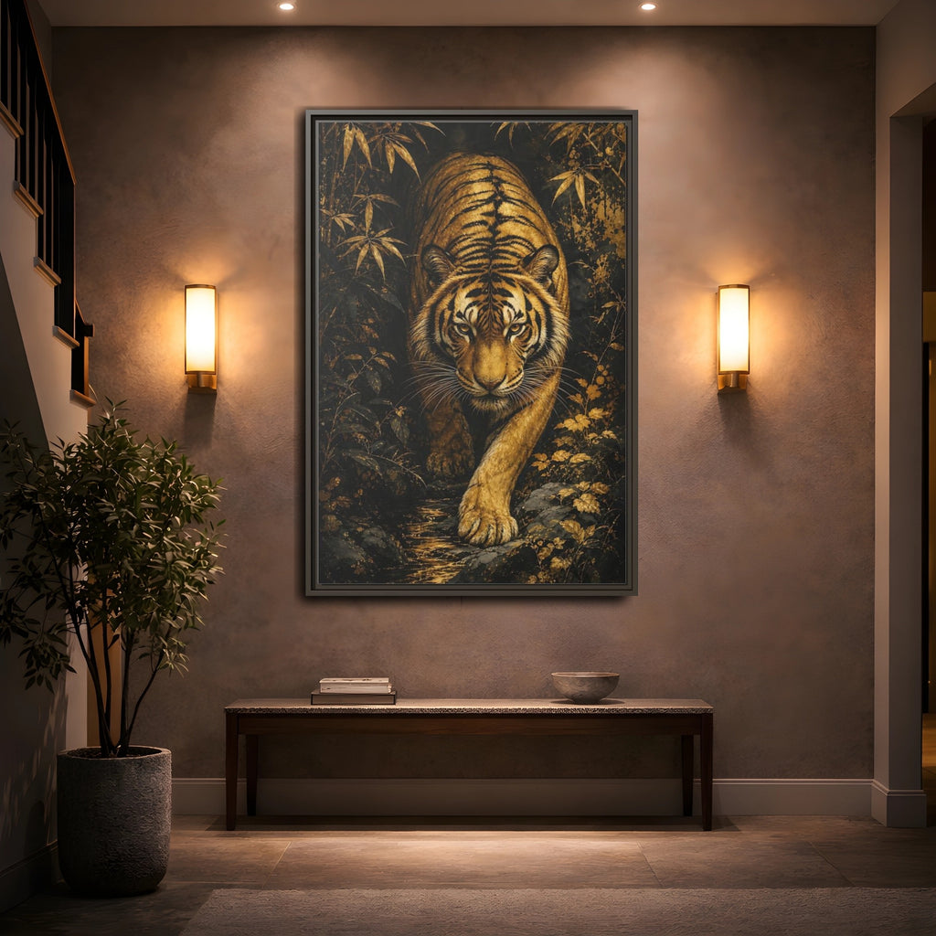 Mockup 2. Animals Tiger Gold And Black shown as stretched canvas wall art