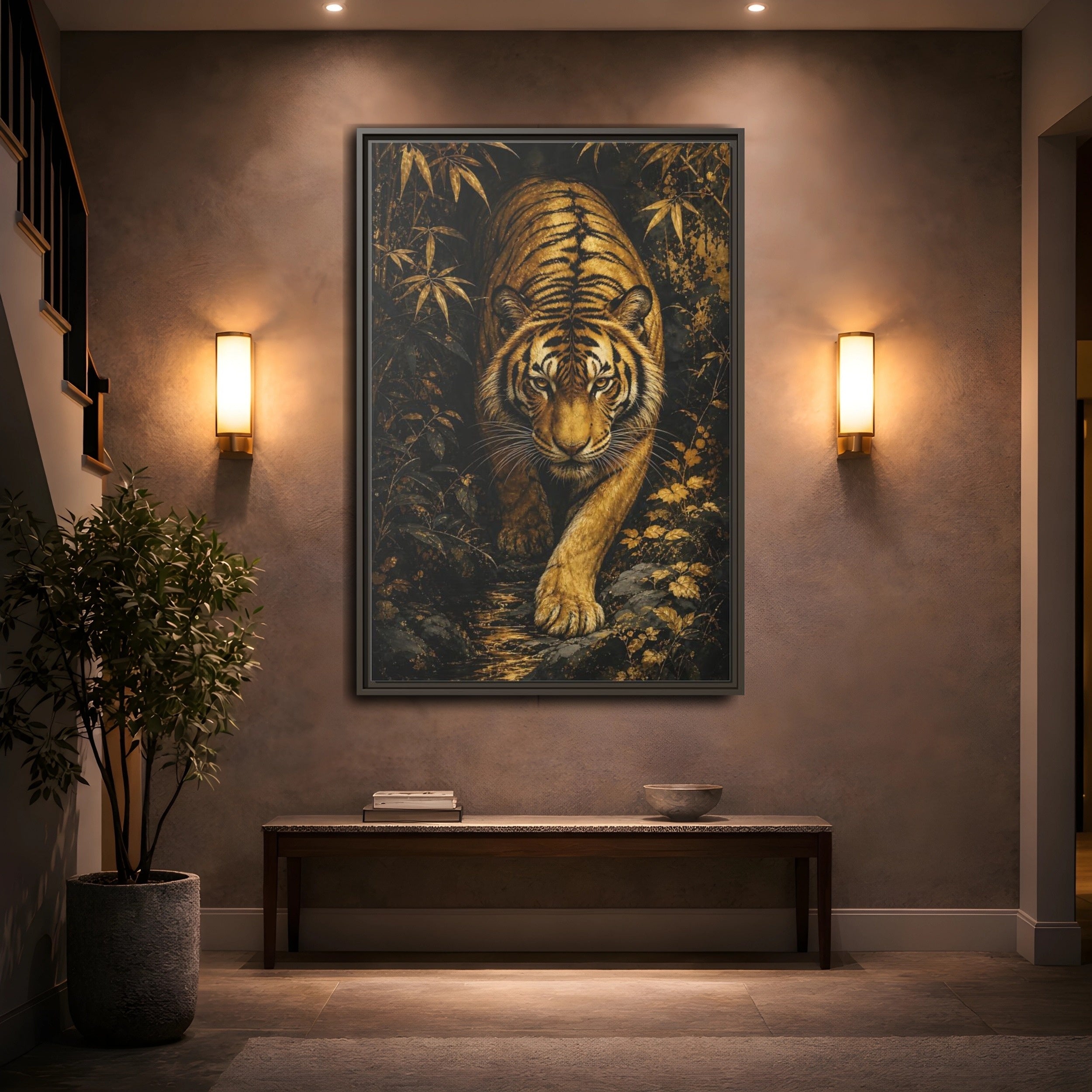 Mockup 2. Animals Tiger Gold And Black shown as stretched canvas wall art