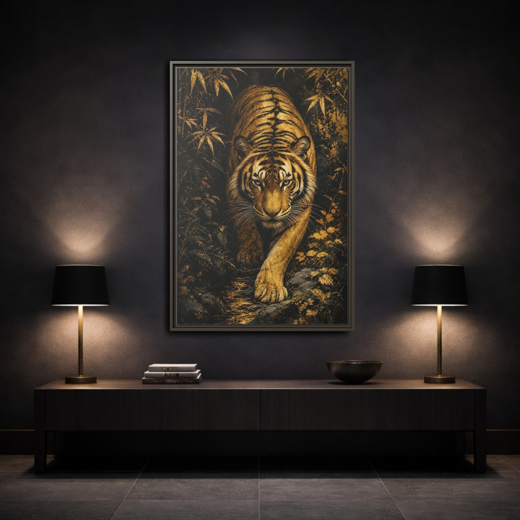 Mockup 3. Animals Tiger Gold And Black shown as stretched canvas wall art