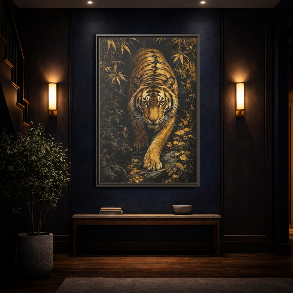 Mockup 4. Animals Tiger Gold And Black shown as stretched canvas wall art