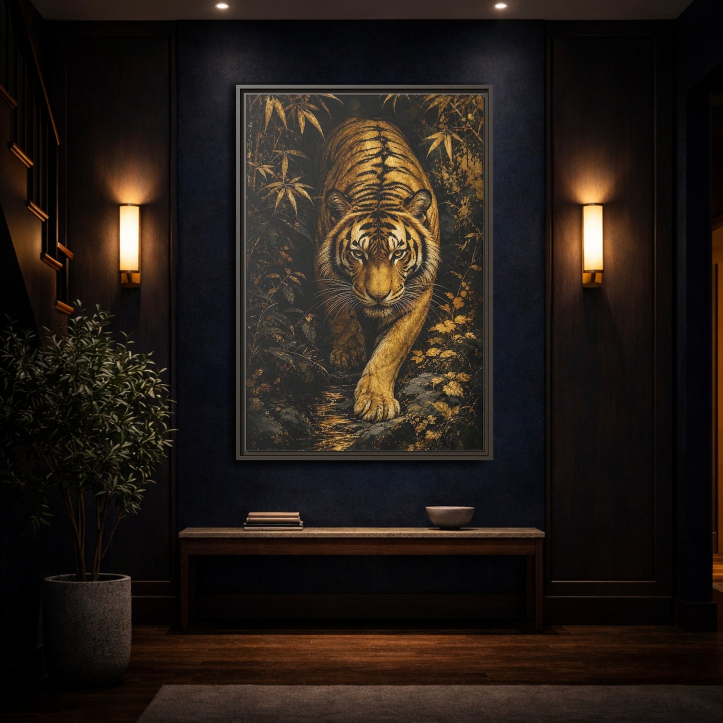 Mockup 4. Animals Tiger Gold And Black shown as stretched canvas wall art