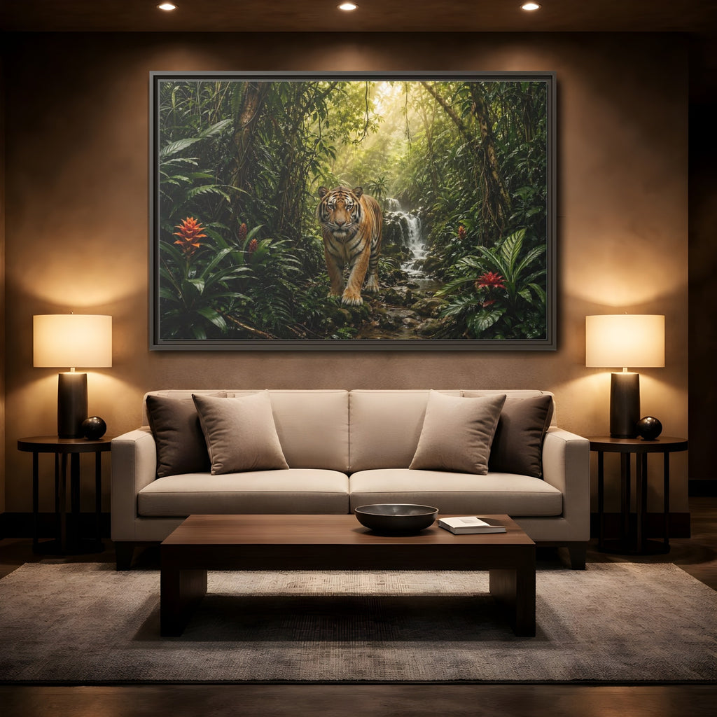 Mockup 2. Animals Tiger Green Jungle shown as stretched canvas wall art