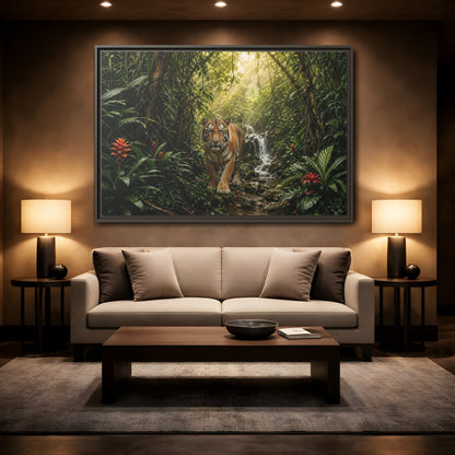 Mockup 2. Animals Tiger Green Jungle shown as stretched canvas wall art