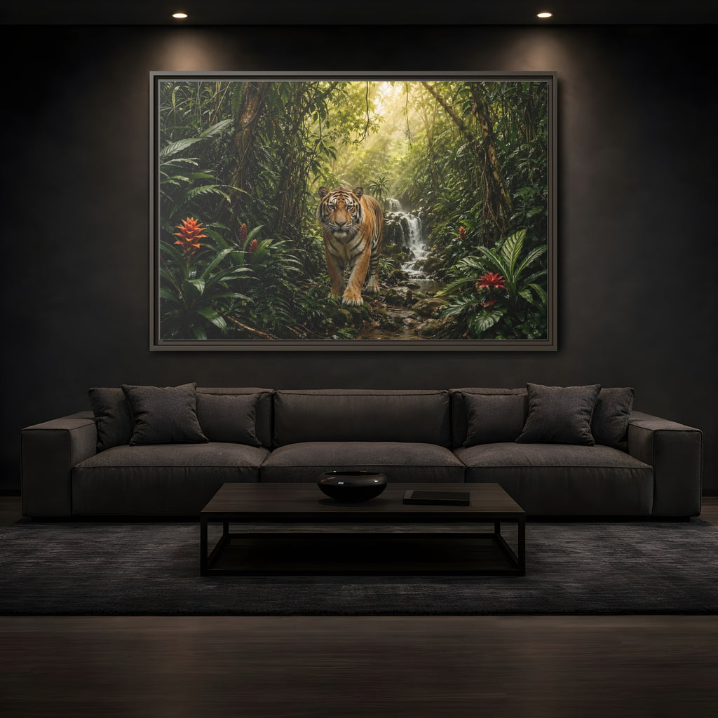 Mockup 3. Animals Tiger Green Jungle shown as stretched canvas wall art