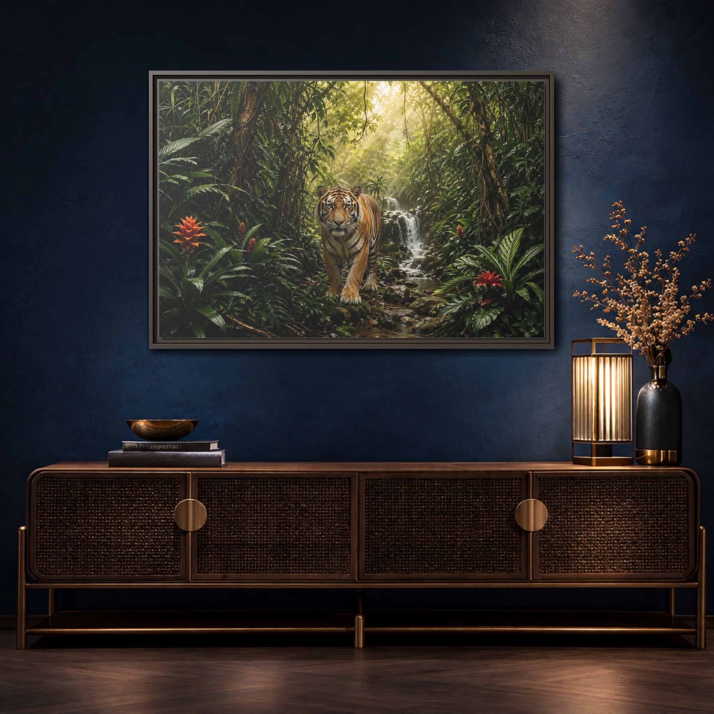 Mockup 4. Animals Tiger Green Jungle shown as stretched canvas wall art