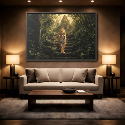 Mockup 2. Animals Tiger Jungle Tiger Temple shown as stretched canvas wall art