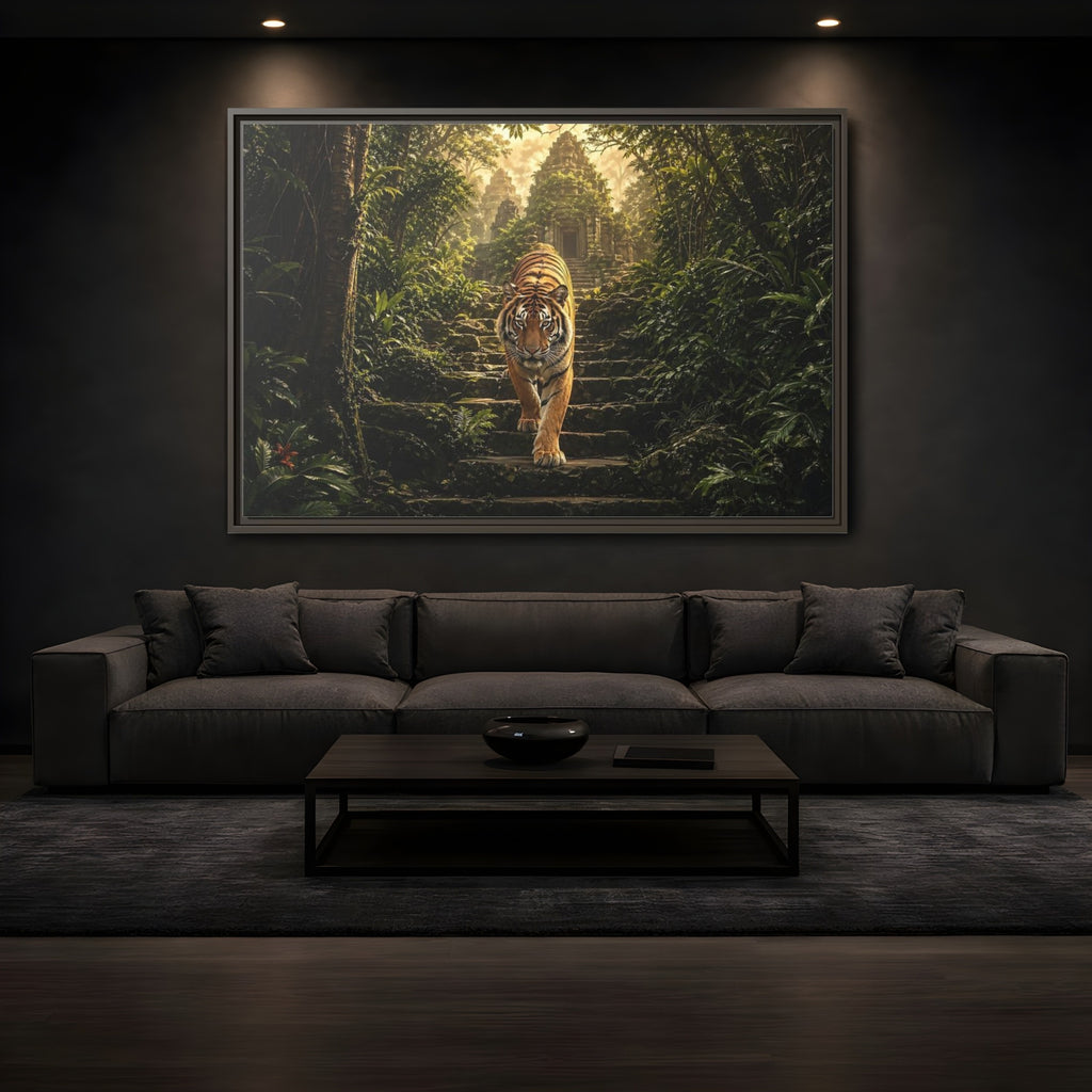 Mockup 3. Animals Tiger Jungle Tiger Temple shown as stretched canvas wall art