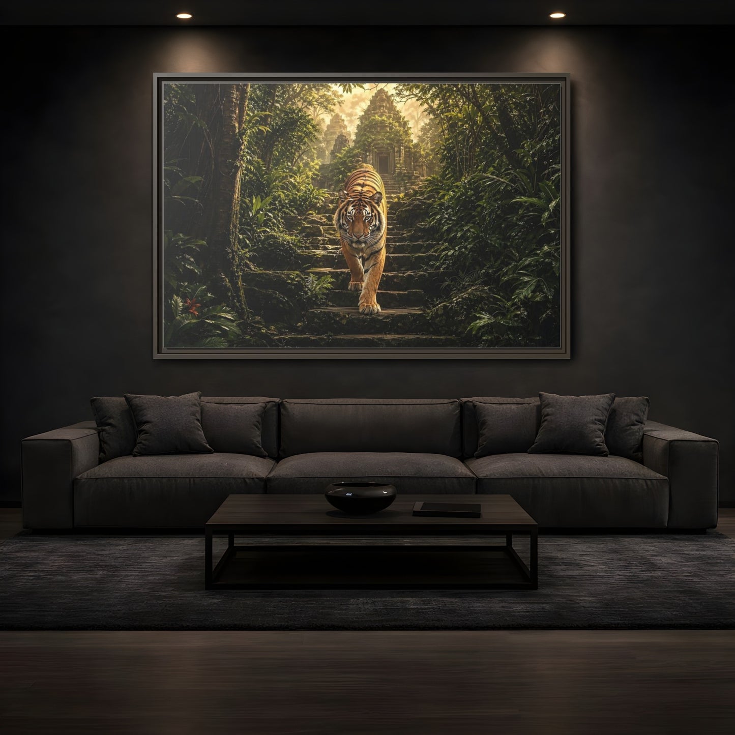 Mockup 3. Animals Tiger Jungle Tiger Temple shown as stretched canvas wall art