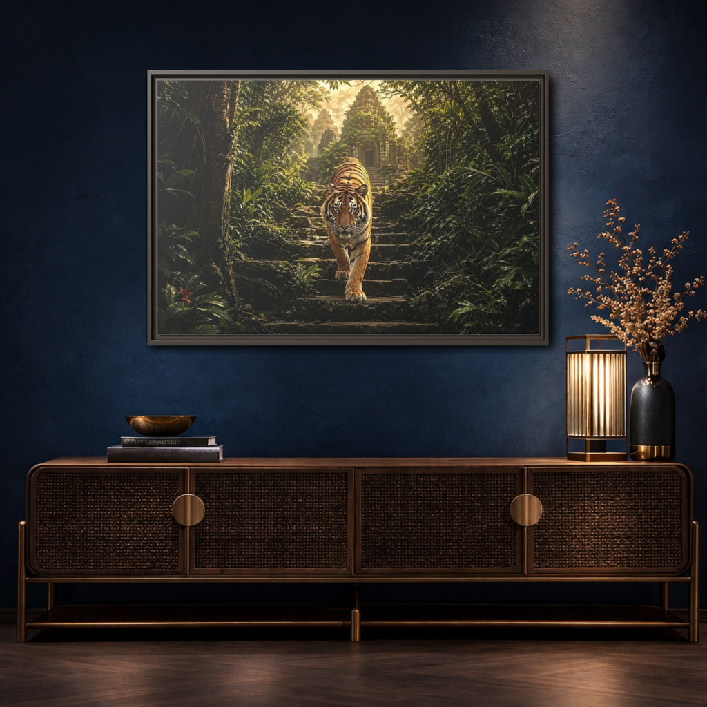 Mockup 4. Animals Tiger Jungle Tiger Temple shown as stretched canvas wall art