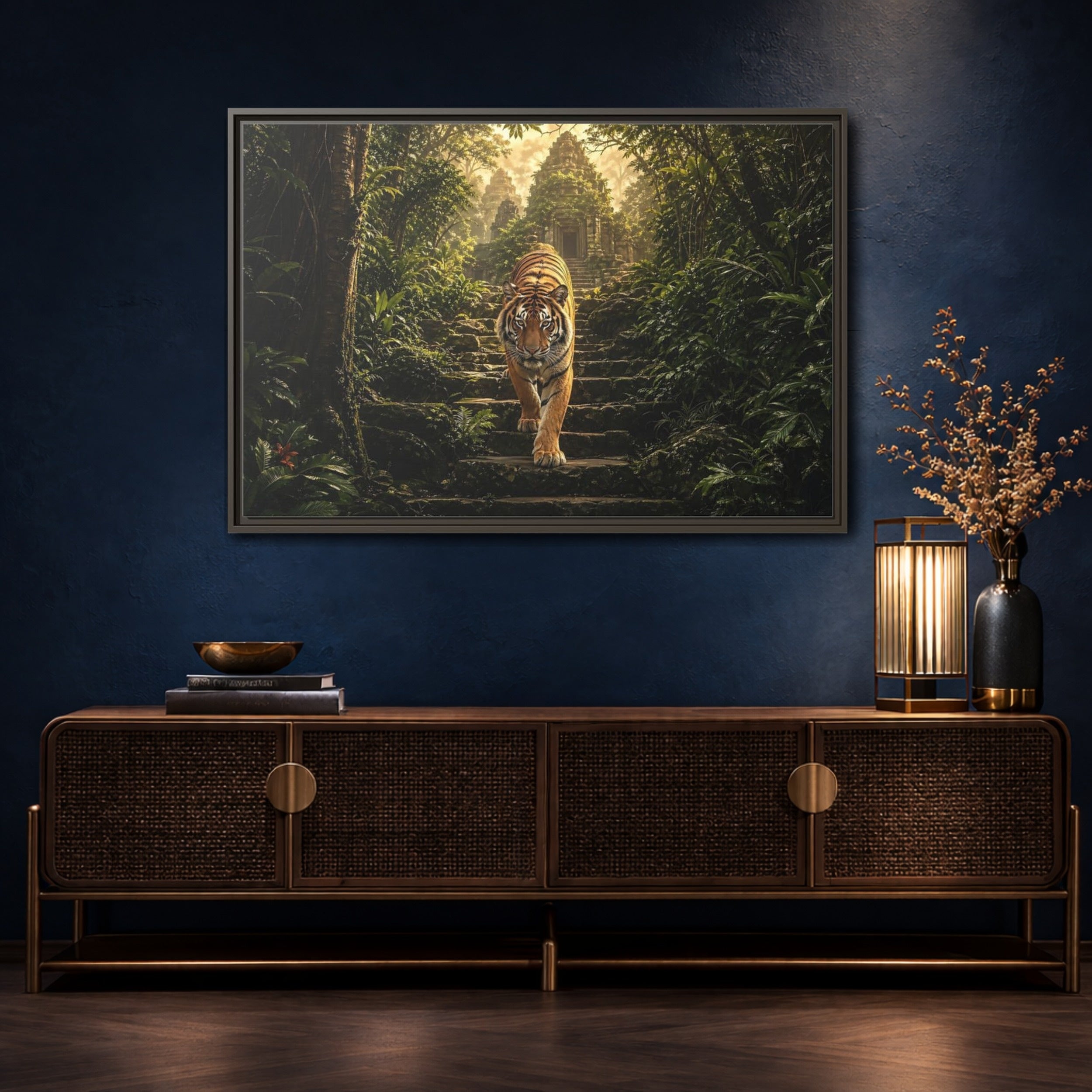 Mockup 4. Animals Tiger Jungle Tiger Temple shown as stretched canvas wall art