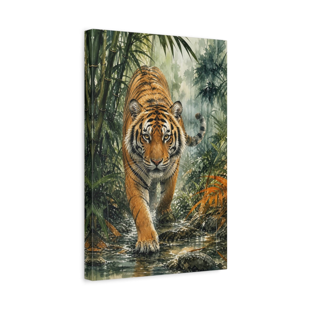 Side Mockup 4. Animals Tiger Orange Green Tiger shown as stretched canvas wall art