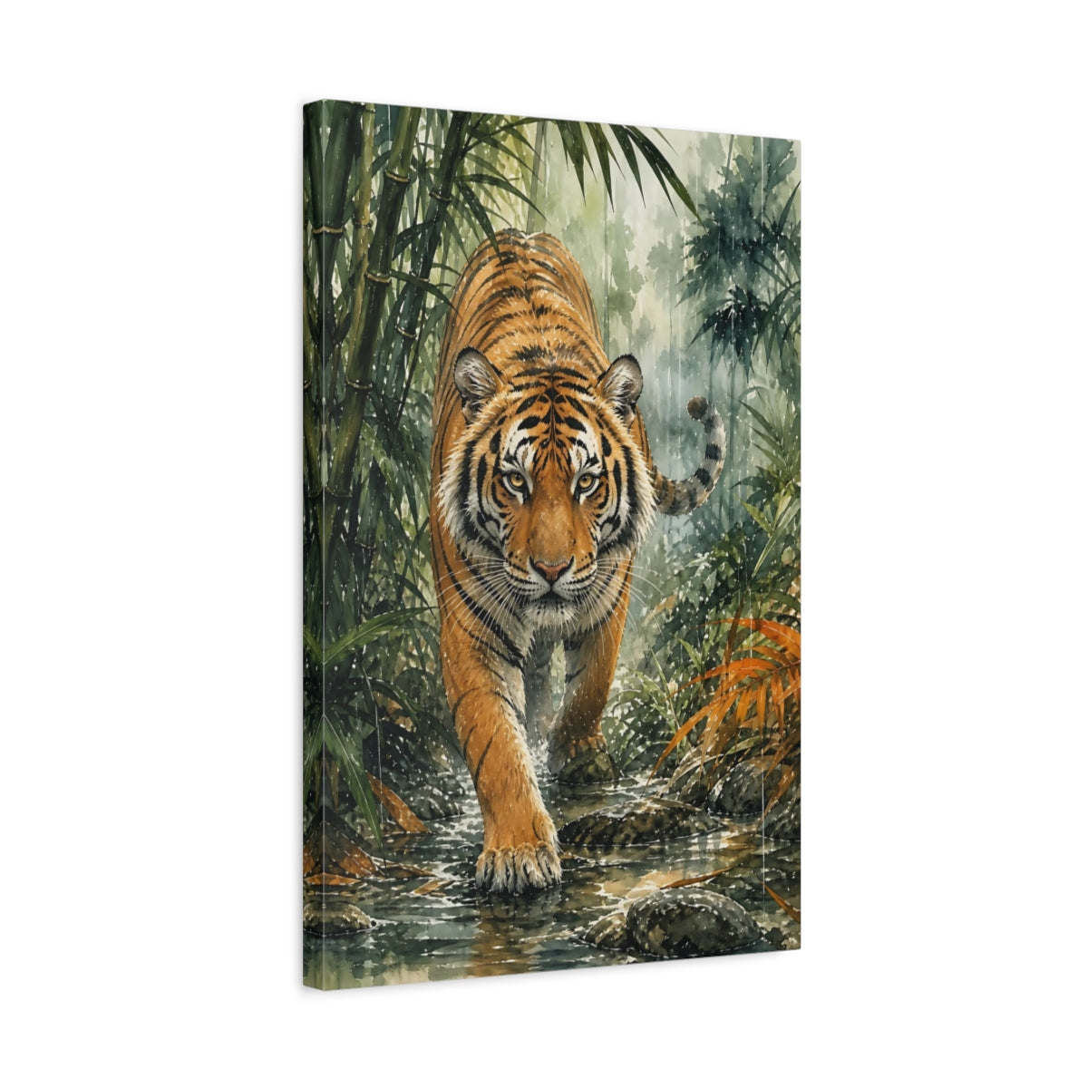 Side Mockup 3. Animals Tiger Orange Green Tiger shown as stretched canvas wall art