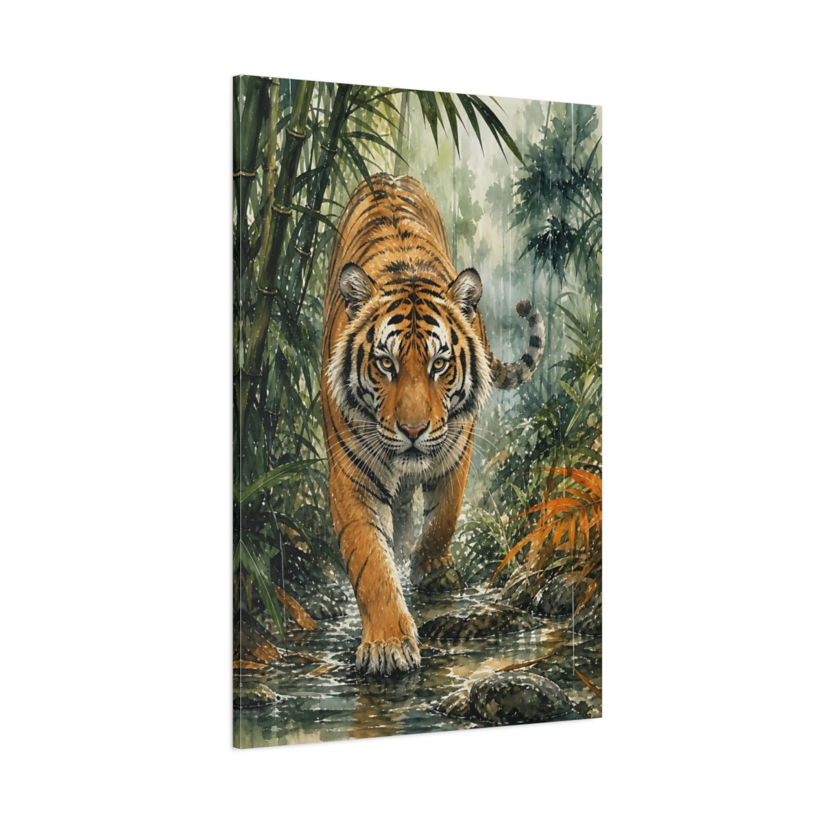 Side Mockup 1. Animals Tiger Orange Green Tiger shown as stretched canvas wall art
