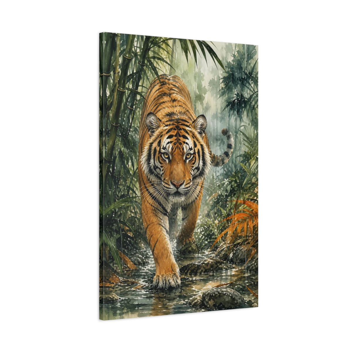 Main Mockup. Animals Tiger Orange Green Tiger shown as stretched canvas wall art