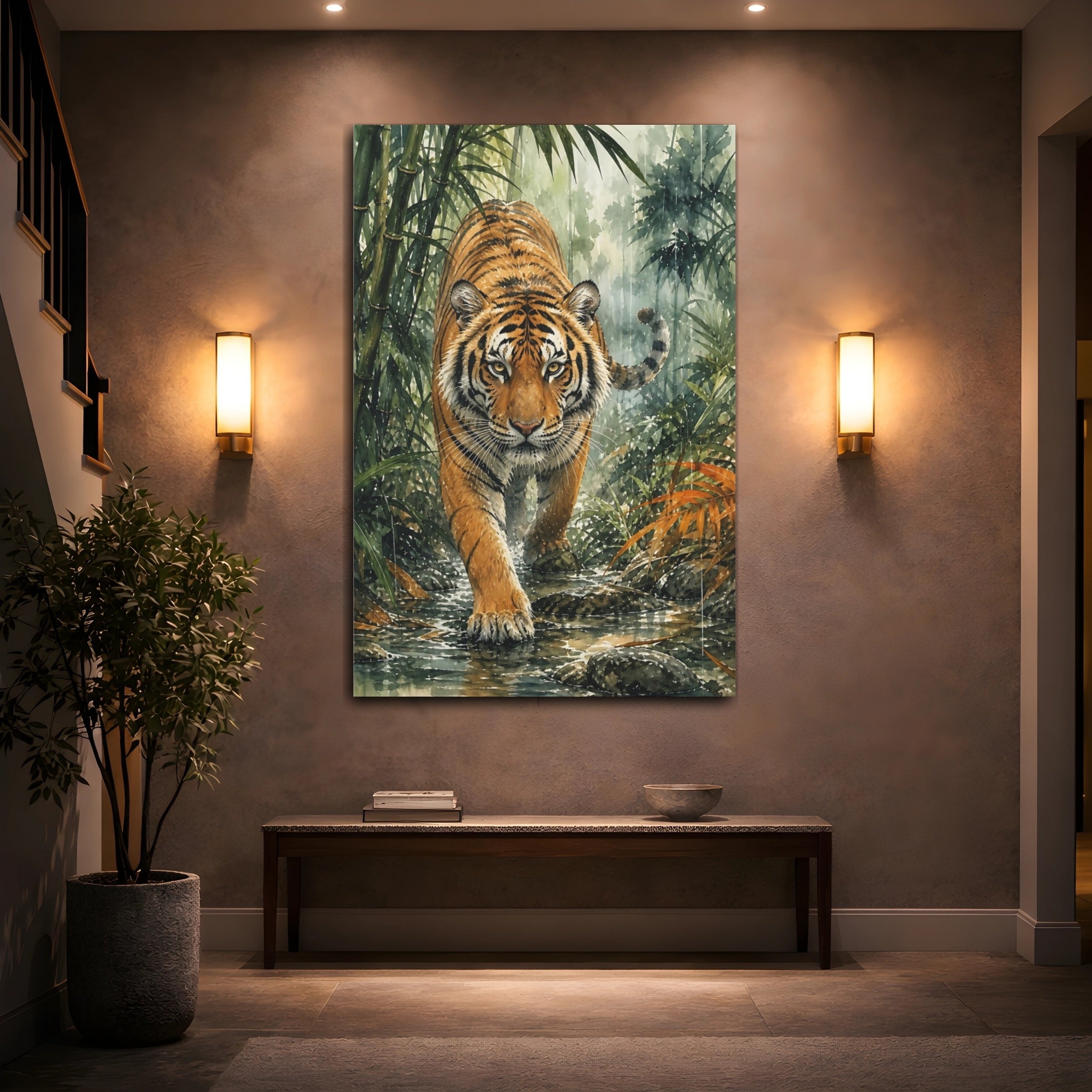 Mockup 2. Animals Tiger Orange Green Tiger shown as stretched canvas wall art