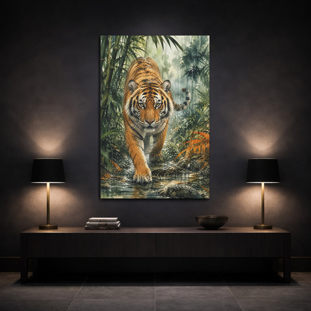 Mockup 3. Animals Tiger Orange Green Tiger shown as stretched canvas wall art