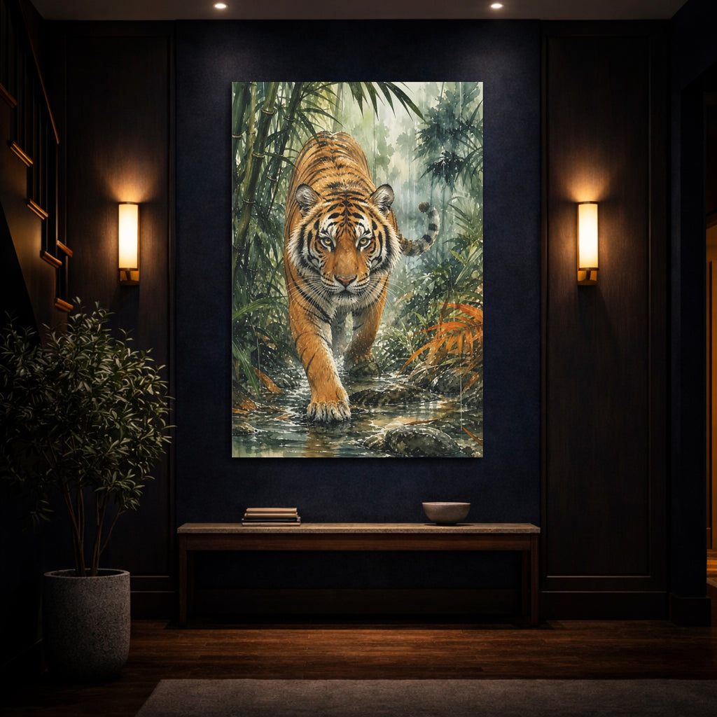 Mockup 4. Animals Tiger Orange Green Tiger shown as stretched canvas wall art