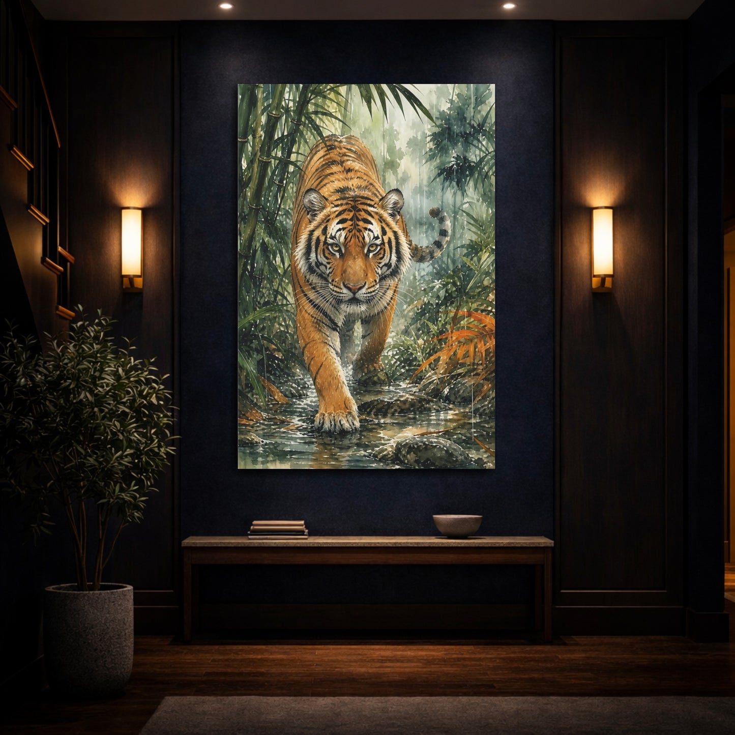 Mockup 4. Animals Tiger Orange Green Tiger shown as stretched canvas wall art