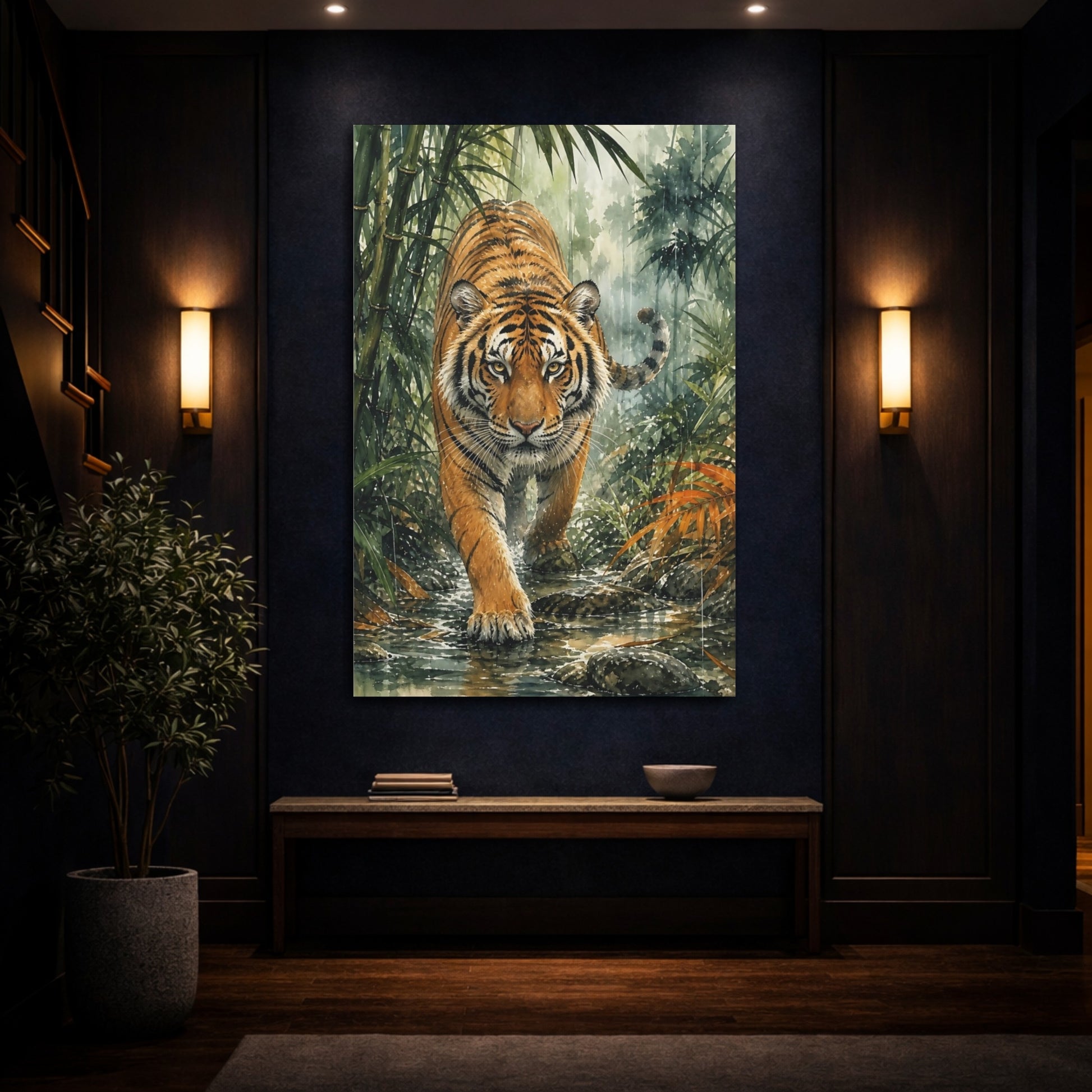 Mockup 4. Animals Tiger Orange Green Tiger shown as stretched canvas wall art