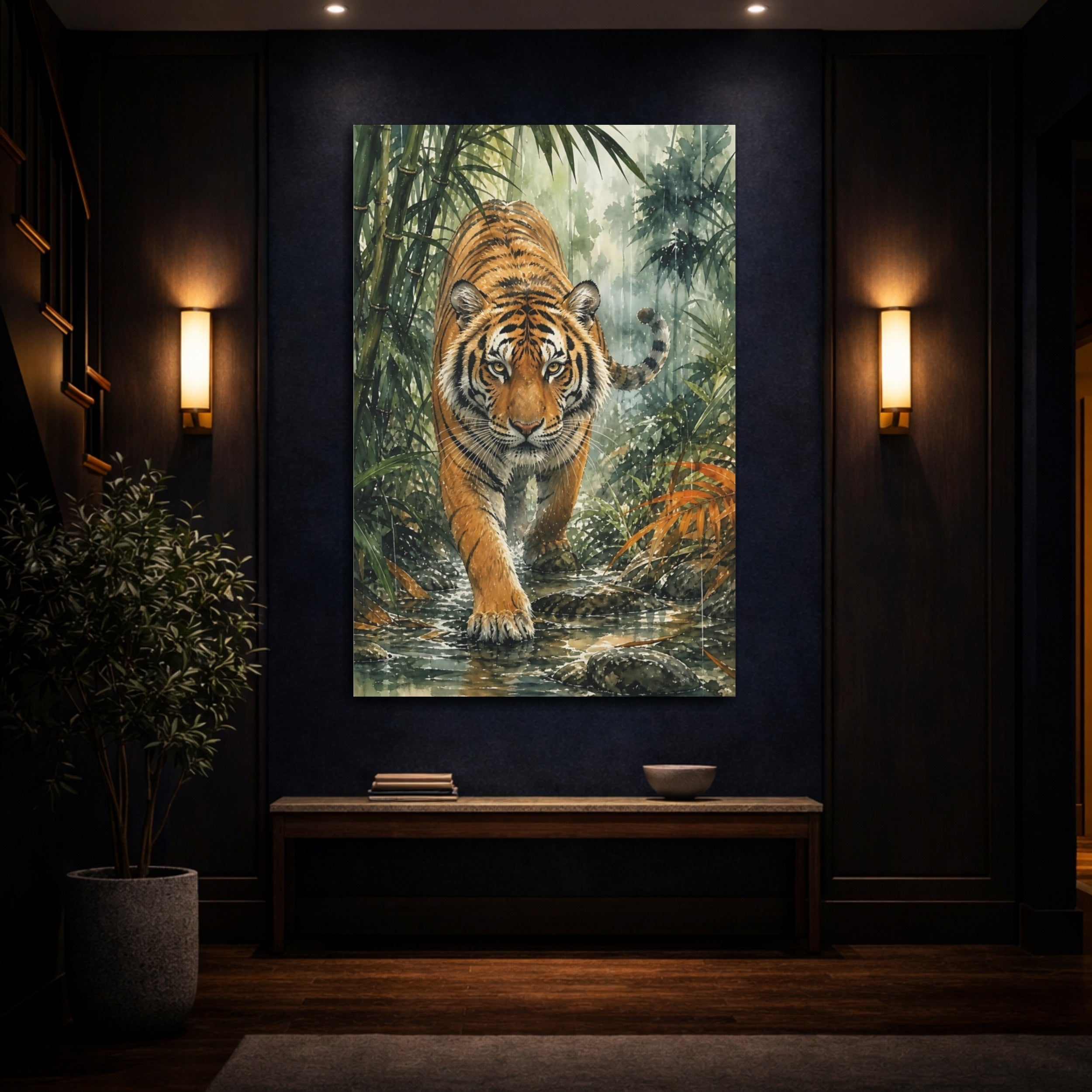 Mockup 4. Animals Tiger Orange Green Tiger shown as stretched canvas wall art