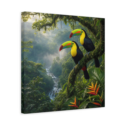 Side Mockup 6. Animals Toucans Vibrant Jungle Toucans shown as stretched canvas wall art