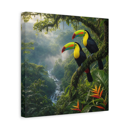 Side Mockup 8. Animals Toucans Vibrant Jungle Toucans shown as stretched canvas wall art