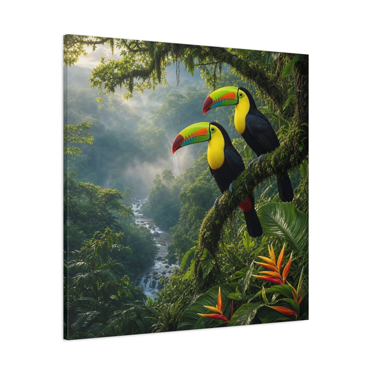 Side Mockup 1. Animals Toucans Vibrant Jungle Toucans shown as stretched canvas wall art
