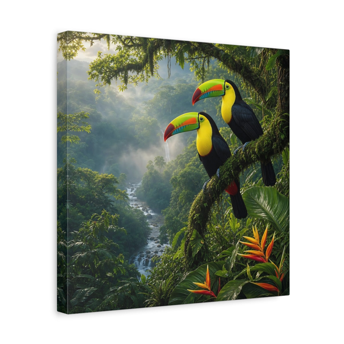 Side Mockup 7. Animals Toucans Vibrant Jungle Toucans shown as stretched canvas wall art