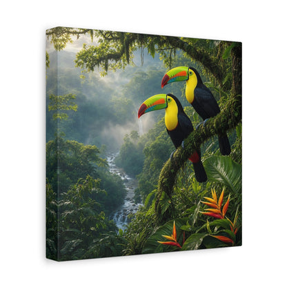 Side Mockup 9. Animals Toucans Vibrant Jungle Toucans shown as stretched canvas wall art