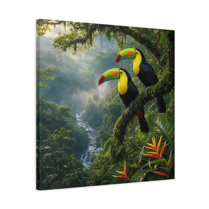 Side Mockup 4. Animals Toucans Vibrant Jungle Toucans shown as stretched canvas wall art