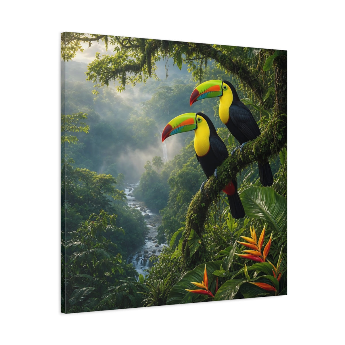 Side Mockup 3. Animals Toucans Vibrant Jungle Toucans shown as stretched canvas wall art