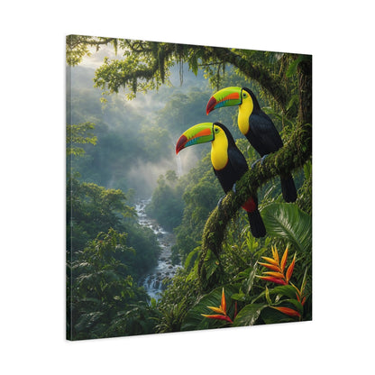 Side Mockup 3. Animals Toucans Vibrant Jungle Toucans shown as stretched canvas wall art