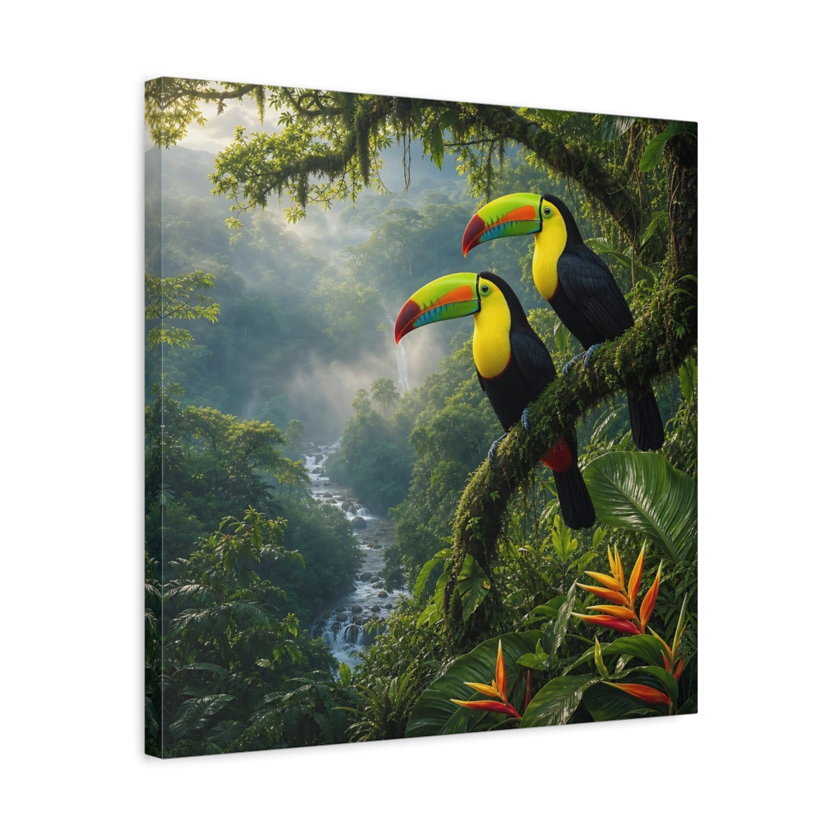 Side Mockup 5. Animals Toucans Vibrant Jungle Toucans shown as stretched canvas wall art