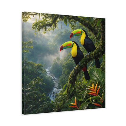 Side Mockup 5. Animals Toucans Vibrant Jungle Toucans shown as stretched canvas wall art