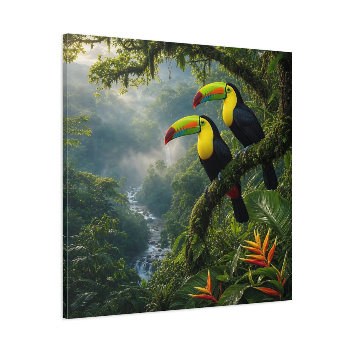 Main Mockup. Animals Toucans Vibrant Jungle Toucans shown as stretched canvas wall art