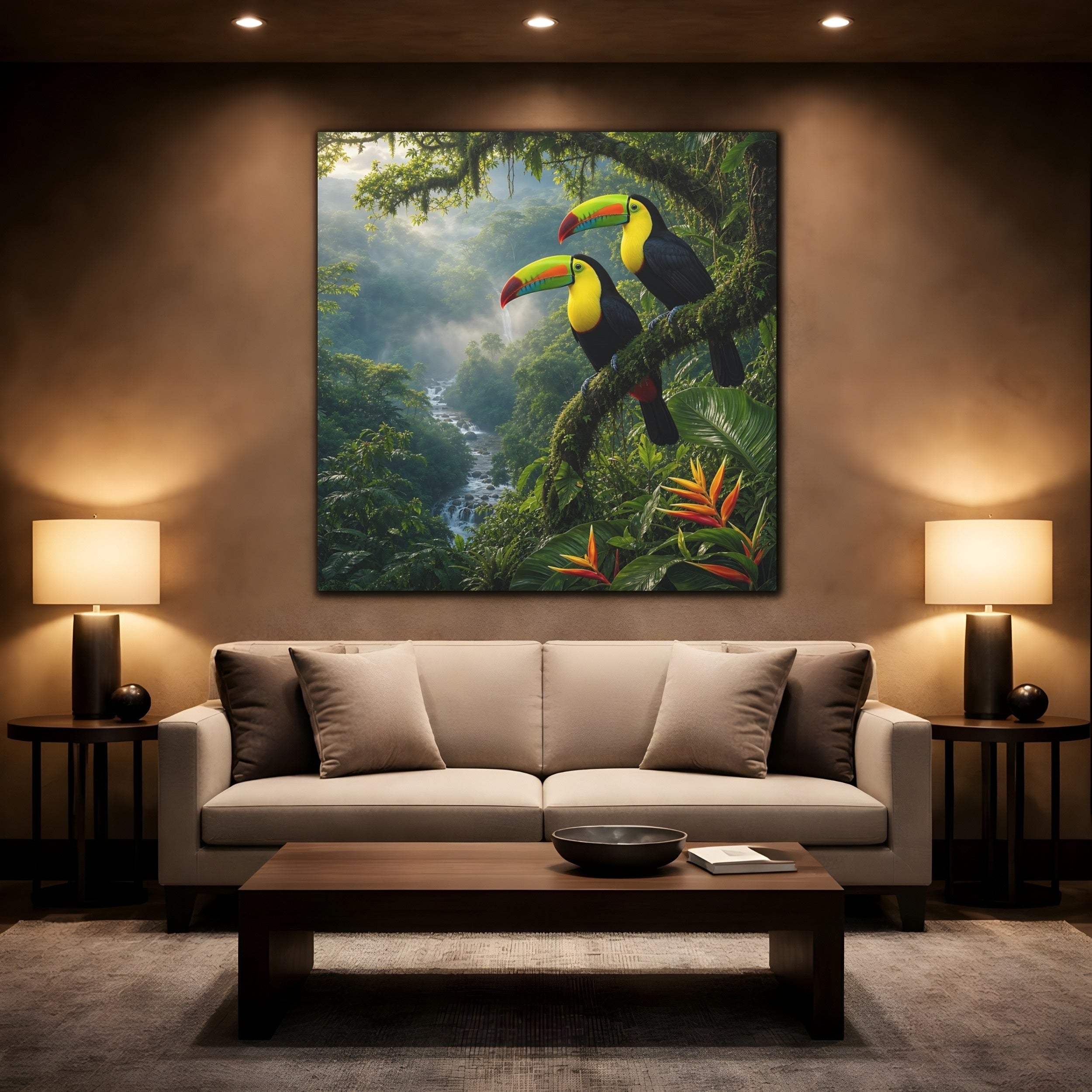 Mockup 2. Animals Toucans Vibrant Jungle Toucans shown as stretched canvas wall art