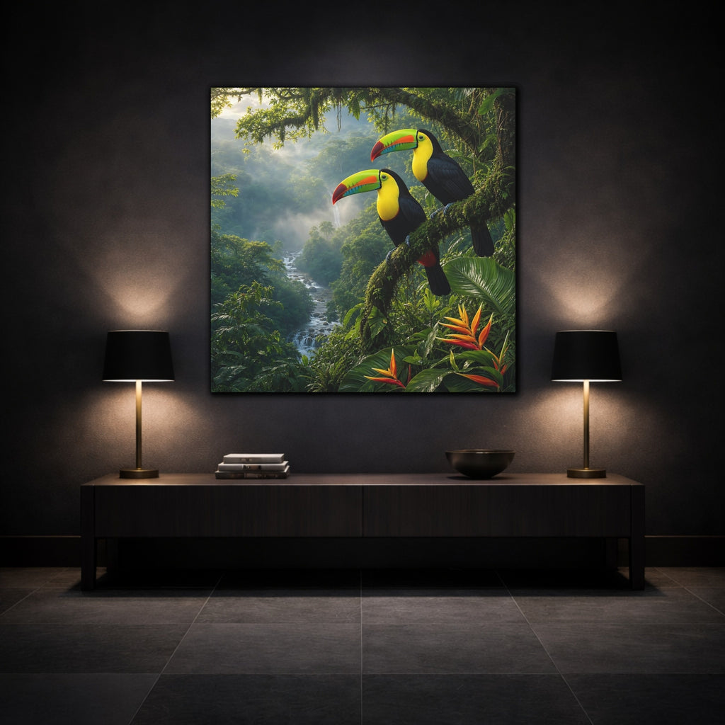 Mockup 3. Animals Toucans Vibrant Jungle Toucans shown as stretched canvas wall art