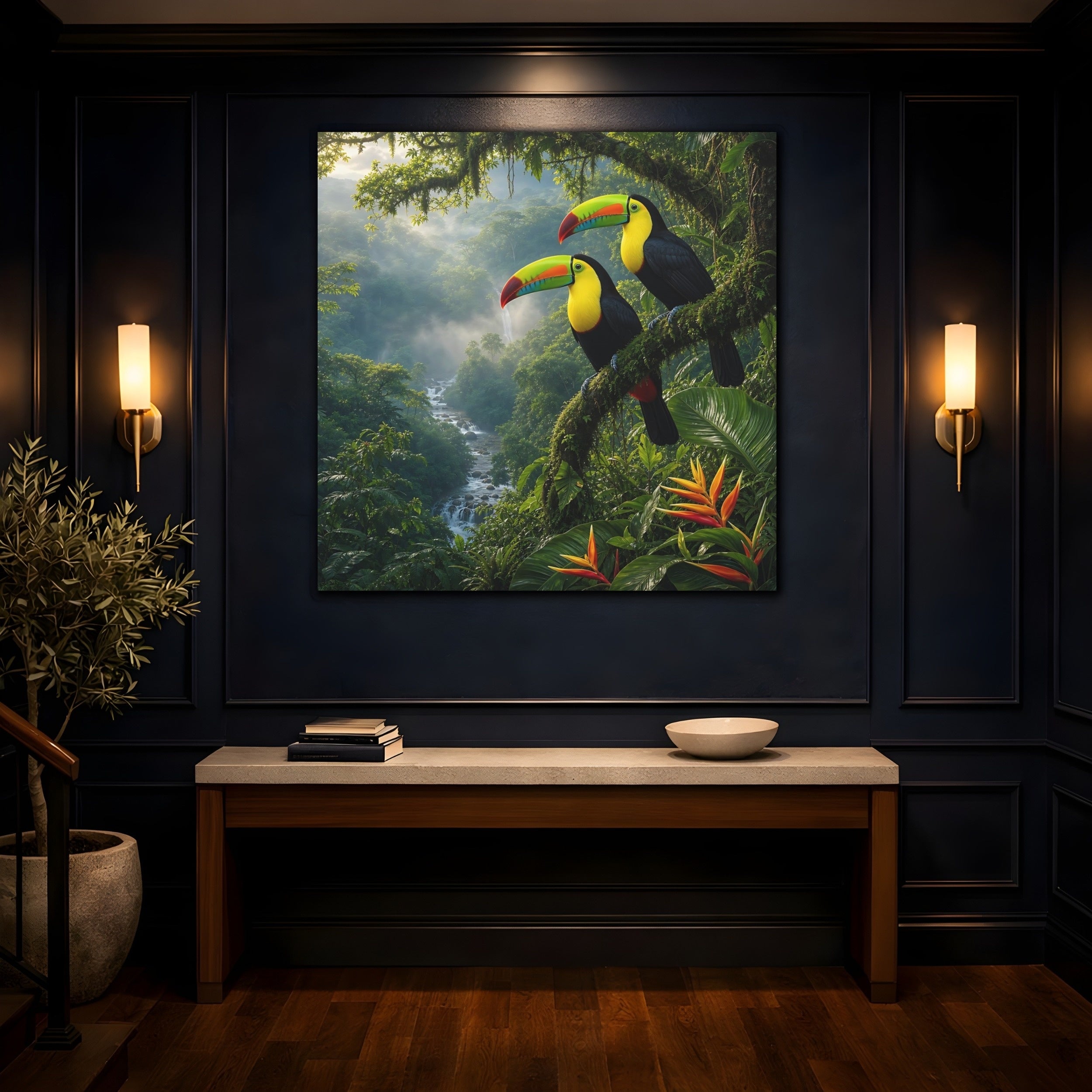 Mockup 4. Animals Toucans Vibrant Jungle Toucans shown as stretched canvas wall art