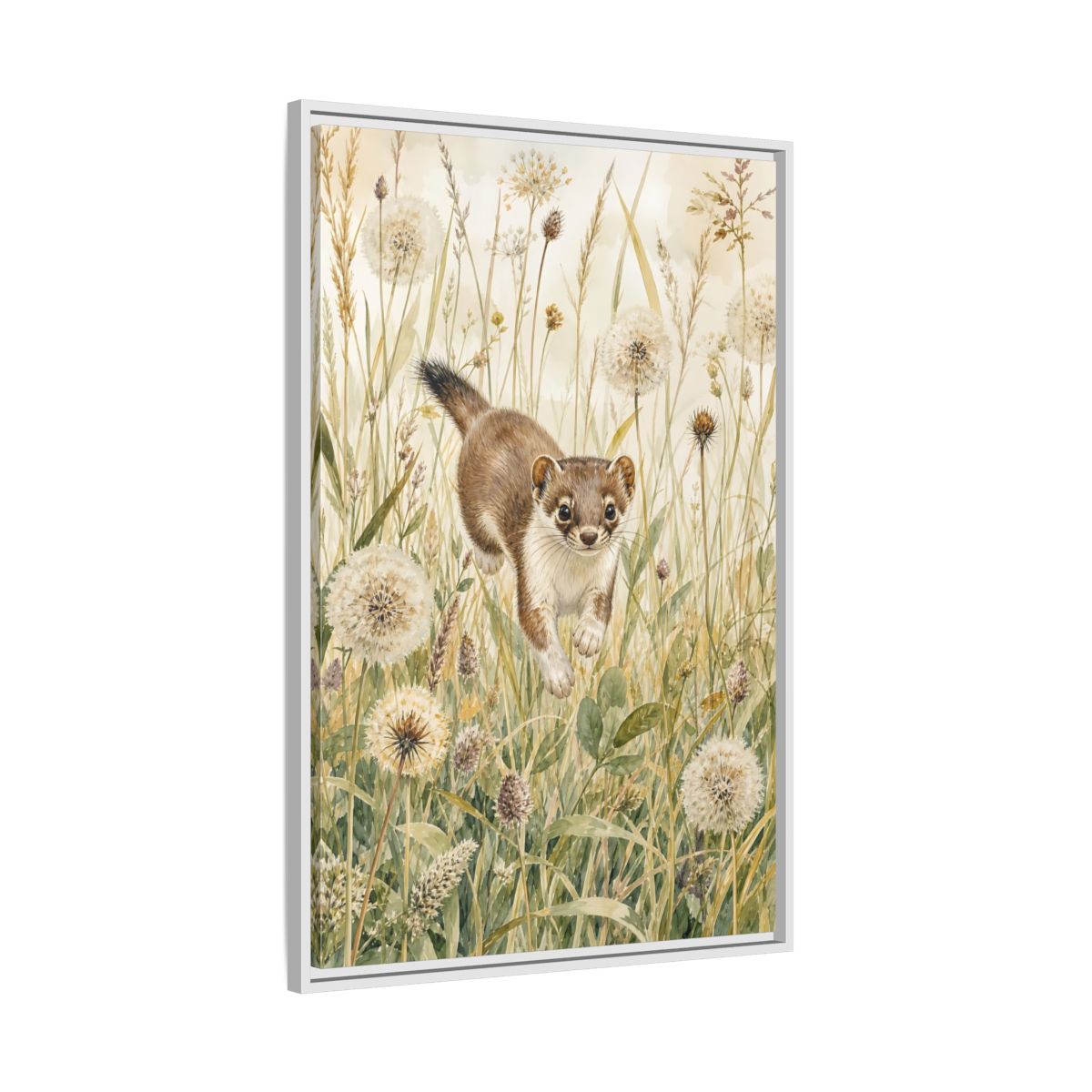 Side Mockup 9. Animals Weasel Weasel Grass Watercolor shown as stretched canvas wall art