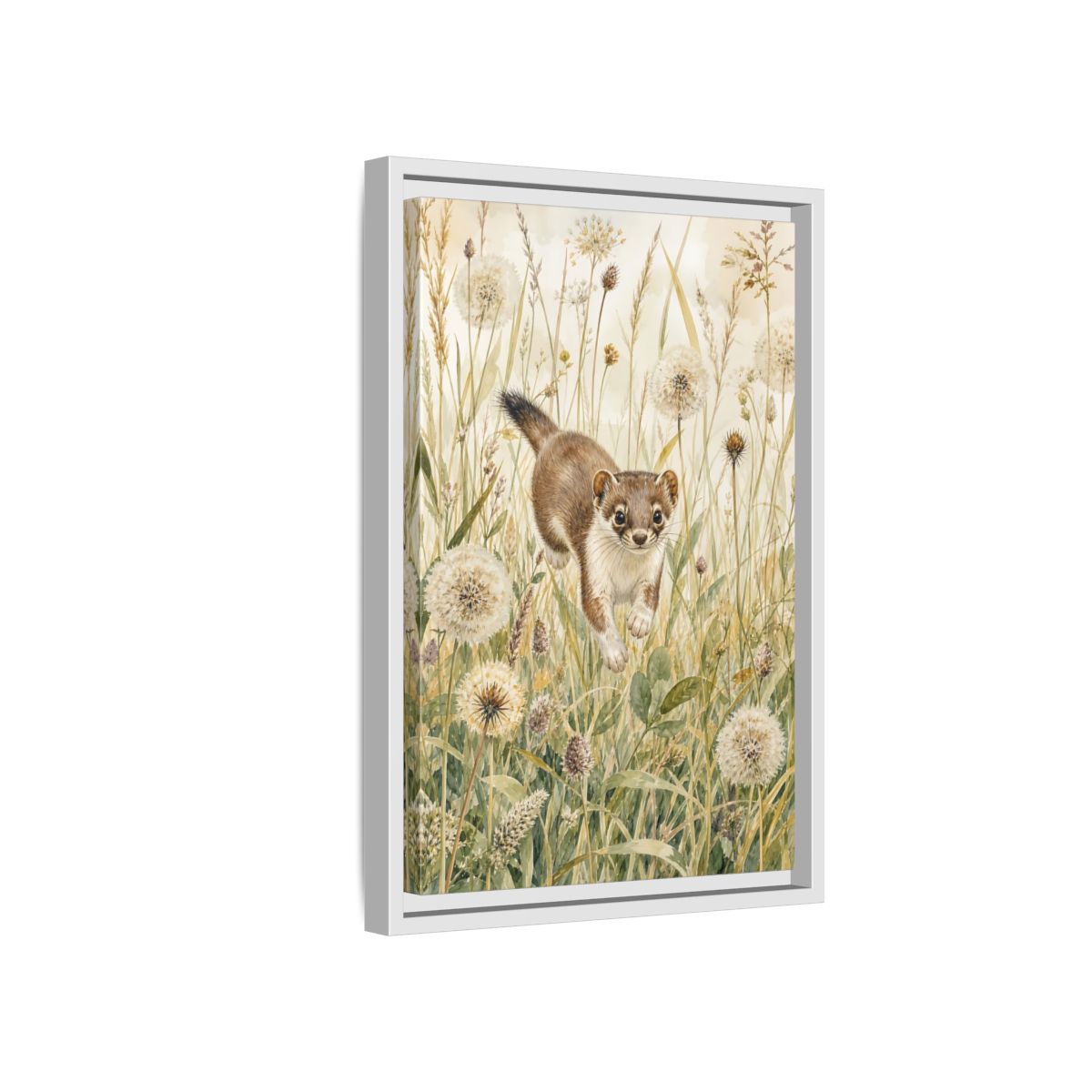 Side Mockup 4. Animals Weasel Weasel Grass Watercolor shown as stretched canvas wall art